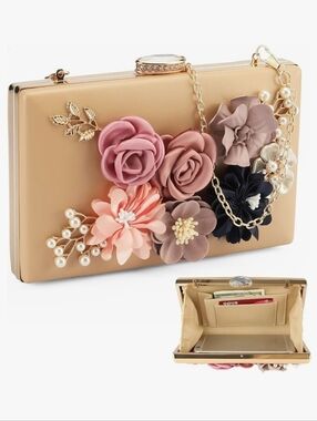 Floral Pearl Embellished Gold Evening Clutch Bridal